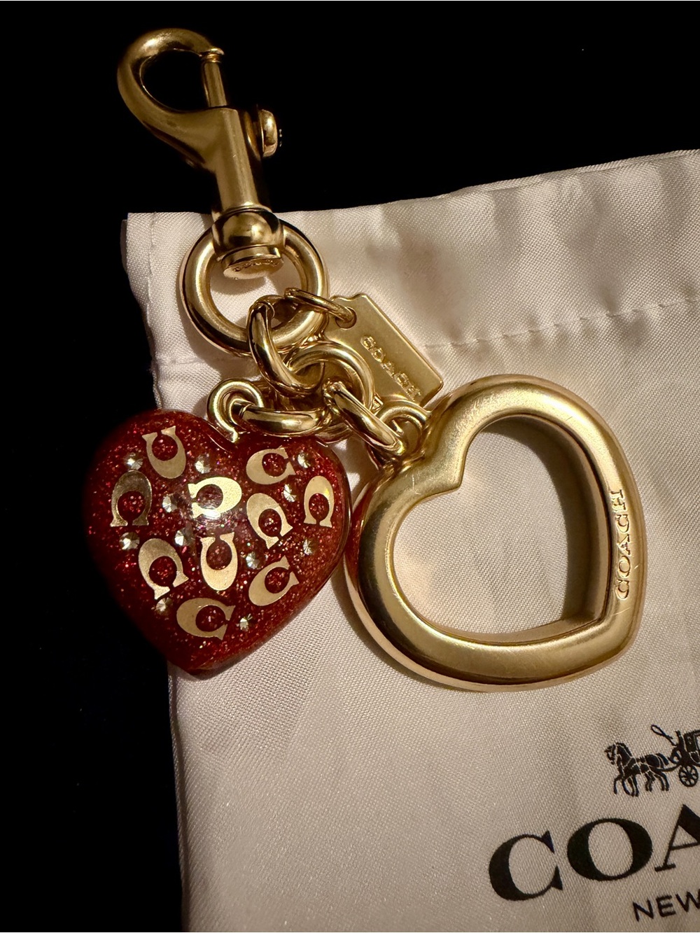 COACH Gold-Tone Heart Key Charm with Red Glitter Logo Heart